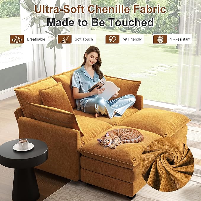 58" Cloud Couch Loveseat, Deep Seat Modular Sectional Sofa with 4 Removable Washable Pillows and 2 Ottoman for Living Room, Bedroom, Apartment, Orange
