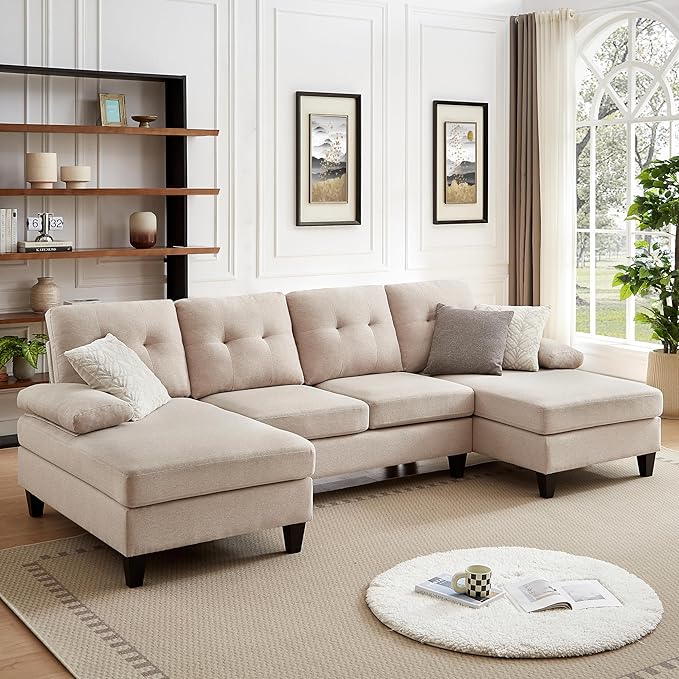 Chireca 111" Sectional Couch for Living Room, Modern Polyester Fibre U Shaped Sofa Couches with Double Chaise, Upholstered 4 Seater Sofa for Living Room, Apartment, Office, Beige
