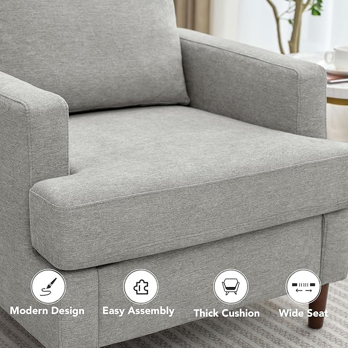 Weture Mid-Century Accent Chair,Modern Linen Fabric Armchair for Living Room,Comfy Upholstered Reading Accent Chairs for Bedroom,Single Sofa Chair with Wood Legs (Light Grey, 1 Pack)