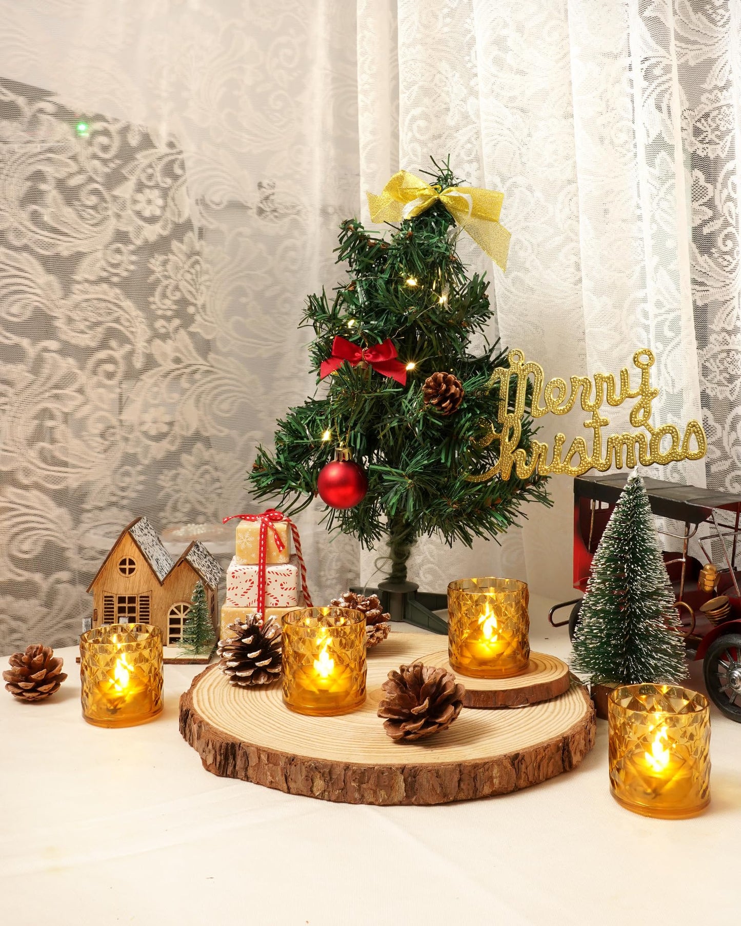 Homemory 2" x 2" Acrylic Votive Candle Holders with Auto Timer Flameless Led Tealight, Battery Powered Fake Electric Candles for Wedding Centerpiece, Table, Christmas Decor (12Pack, Gold Base)