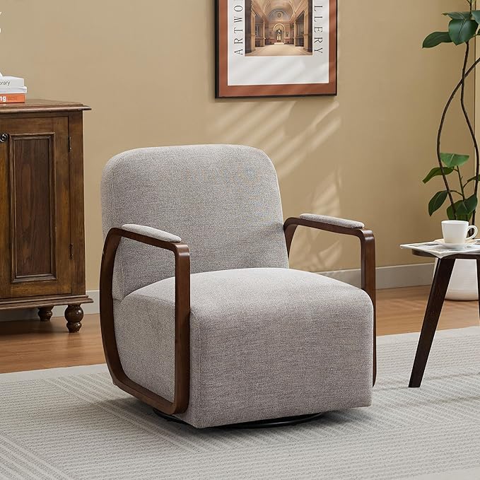 CACFTII 32" Chenille Upholstered Swivel Accent Chair, 360° Rotating Metal Base Modern Lounge Chair with Wooden Armrests for Living Room Bedroom, Brown