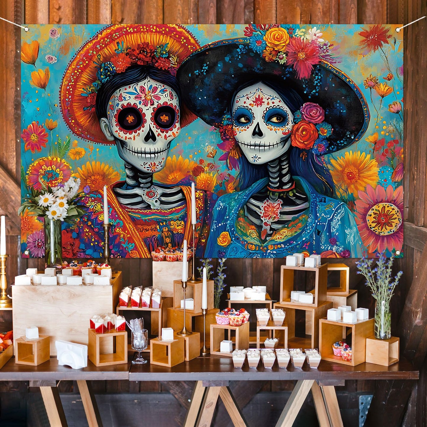 Buxiuer Day of The Dead Photo Booth Backdrop Día De Los Muertos Decorations Mexican Sugar Skull Marigold Bulletin Board Wall Decor