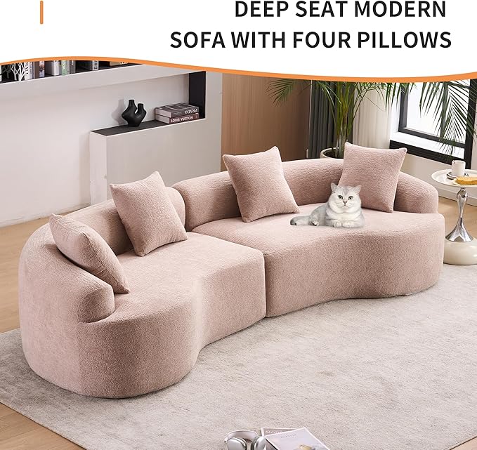110" Oversized Modern Curved Cloud Sectional Sofa, Luxury Plush Chenille 4-Seater Deep Wide Seat Couch with 4 Pillows, No Assembly Needed Apartment Living Room Furniture, Apricot Cream