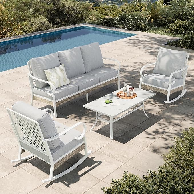 HERA'S HOUSE 4-Piece Patio Furniture Set with Metal & Rattan Design, Includes 2 Rocking Chairs, 3-Seat Sofa & Marble Coffee Table, All-Weather Outdoor Conversation Set for Garden Backyard, Grey