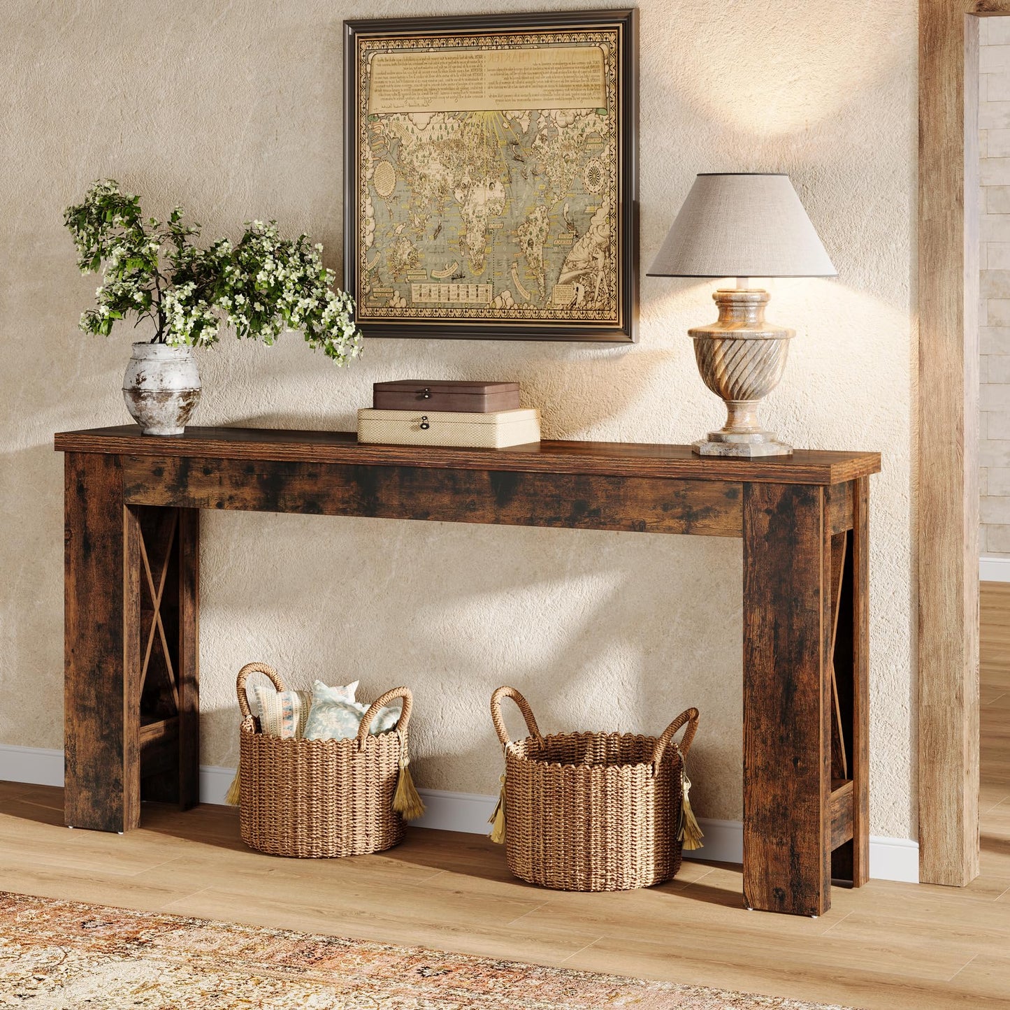 Tribesigns 70.9" Extra Long Console Table, Farmhouse Narrow Long Entryway Table with H-Shaped Legs for Living Room, Hallway, Rustic Brown