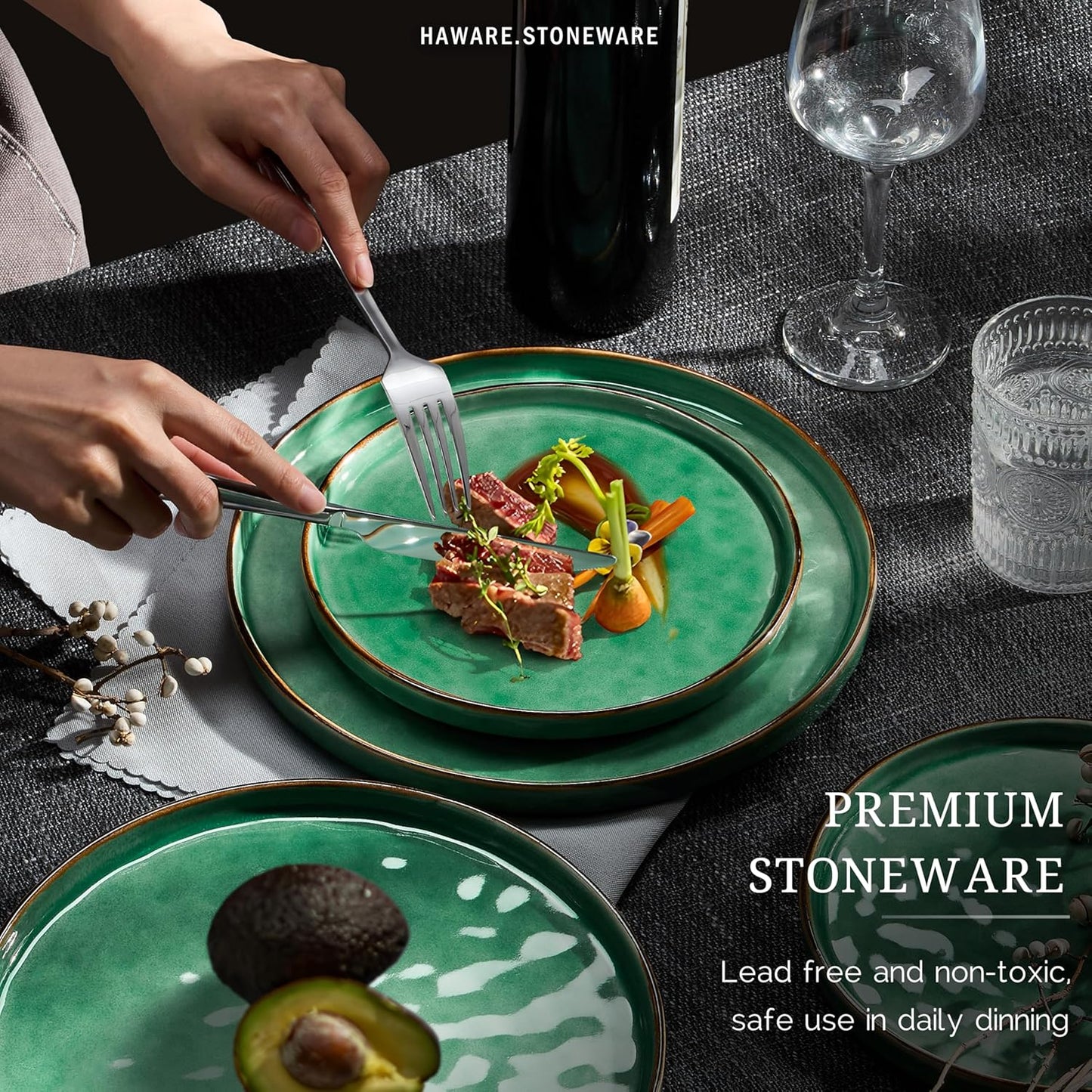 HaWare Dinnerware Sets, 16-Piece Plates and Bowls Set, Stoneware Dish Set for 4, Ceramic Dishware Set for Pasta Cereal, Chip and Scratch Resistant, Microwave and Dishwasher Safe, Reactive Green