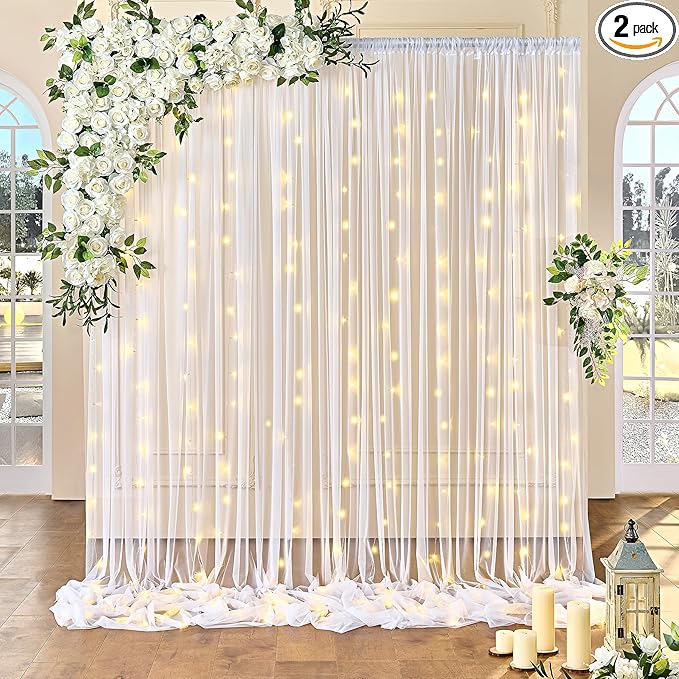 10FT x 7FT White Sheer Curtains with Lights String Tulle Curtain for Living Room Bedroom Parites Wedding Birthday Decorati...