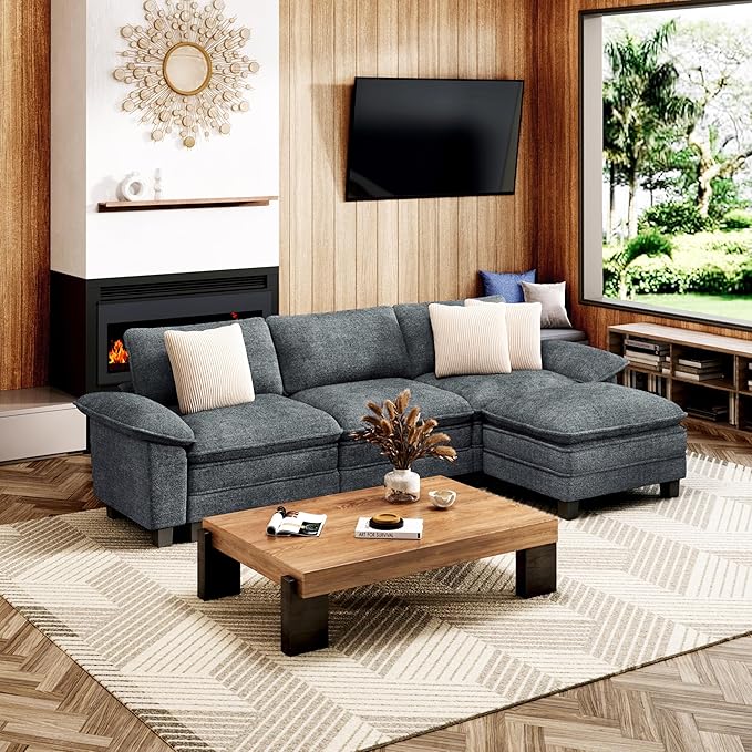 MIXPATIO 123-Inch L Shaped Sectional Sofa with Cloud Cushions, Deep Seat Modular Couch Set w/ 4 Seats & 1 Ottomans, Removable Arms, Plush Chenille Upholstery for Living Room, Apartment - Cyan