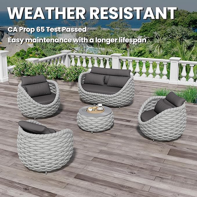 Erotr Fully Assembled Patio Furniture Set: 5-Piece Woven Rope Outdoor Conversation Set Cushioned - Modern Metal Deck Loveseat Chair Table Set - Porch Seating for Courtyard Garden Poolside Hotel Resort