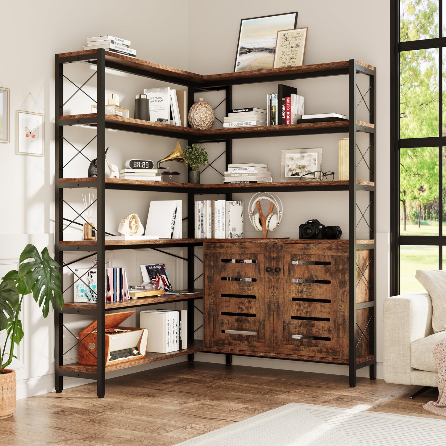 GLAUBIO Large 6 Tier Industrial Corner Bookshelf with Storage Cabinet,L Shaped Bookcase with Doors, Tall Corner Plant Stand, Tall Bookshelf for Living Room, Home Office（Brown Wood）