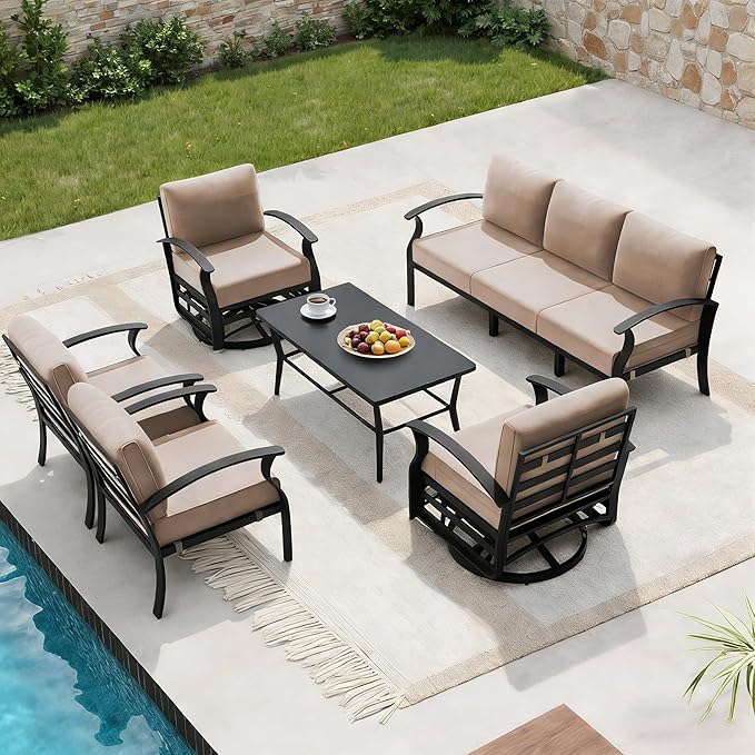 RTDTD Aluminum Outdoor Patio Furniture Set,7 Seats Patio Conversation Sets with Rectangular Coffee Table,Metal Patio Sectional Furniture Set with 2 Swivel Rocking Chairs,Sand