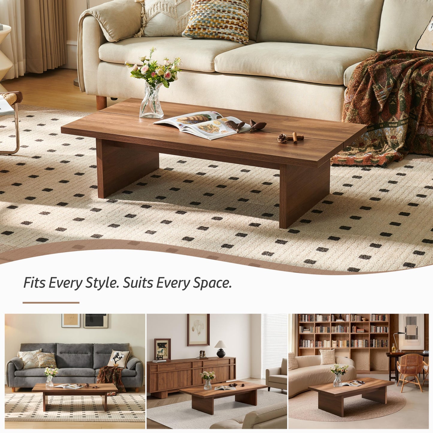 FHKJ Rectangle Coffee Table, 47" Modern Walnut Living Room Table with Wood Grain Surface, Low Profile Center Table, Japanese Tea Table, 2-Leg Design for Small Apartment Sofa, Walnut Brown