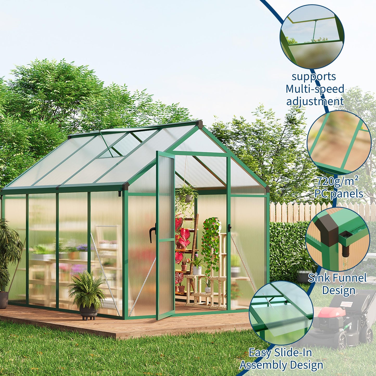Greenhouse, 6x8 Ft Outdoor Greenhouses, Greenhouse Kit, Portablee Greenhouses with Ground Nails and Vent Windows, Sliding Lockable Door, Polycarbonate Green House for Outside Garden Backyard, Green