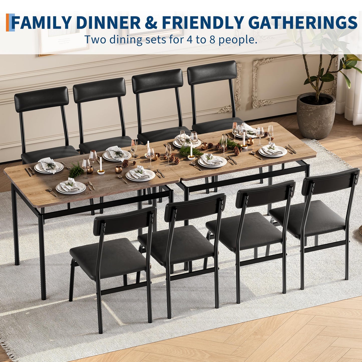 Garvee Dining Table Set for 4, 5 Piece Wooden Dining Room Table Set, 4 PU Upholstered Chair, Modern Metal Frame Dinette Set for Dining Room, Home Dinner, Party, Kitchen, Black