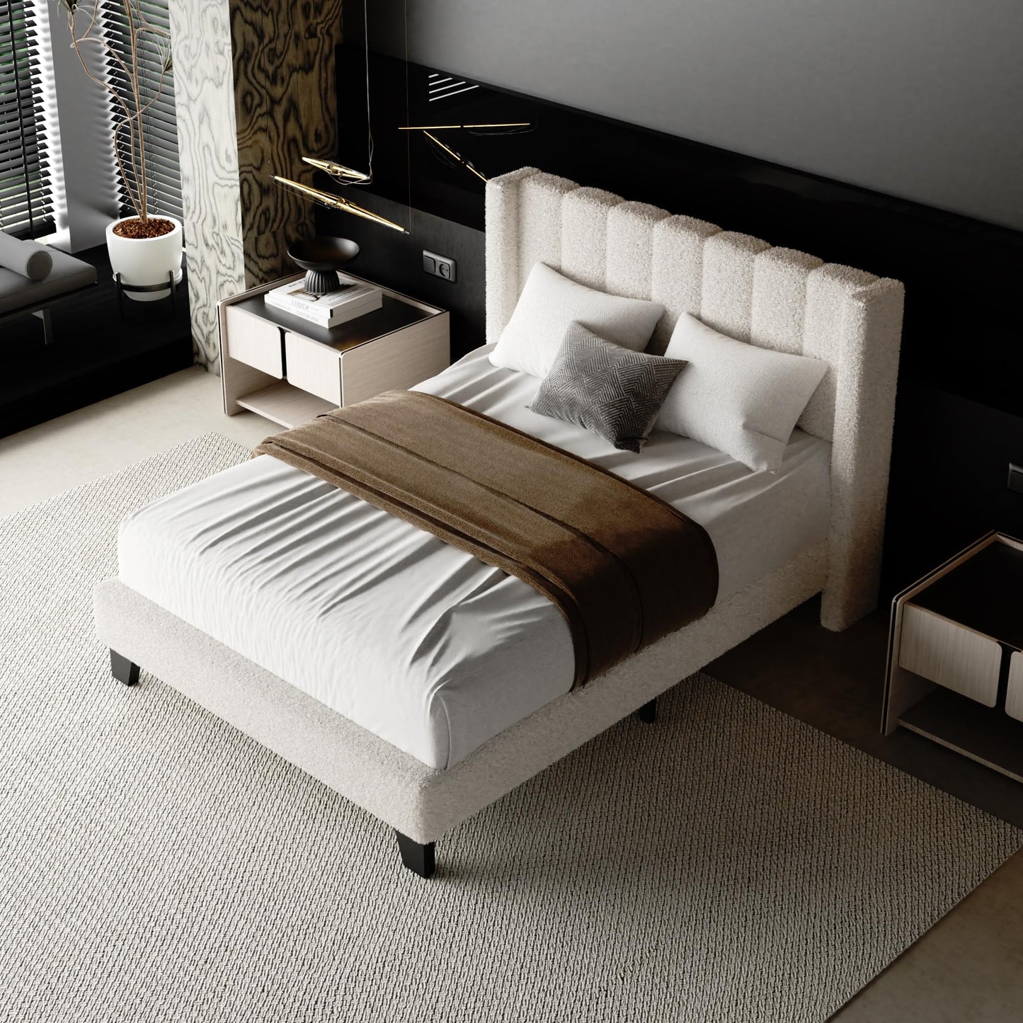 Full Bed Frame with Headboard Upholstered Platform Bed Frame with Teddy Velvet Headboard, Wooden Slats Support/Wing Edge Design/No Box Spring Needed/Easy Assembly, Beige Full