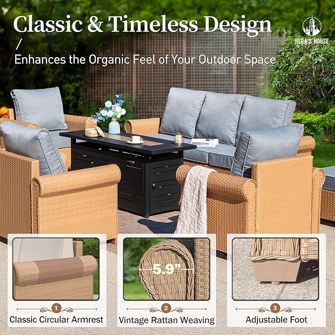 HERA'S HOUSE 6-Piece Patio Furniture Set, All Weather 7 Seats Outdoor Wicker Sofa with 57" Fire Pit Table, 5.5" Thick Waterproof Cushion Conversation Couch Set for Garden Deck Backyard, Grey