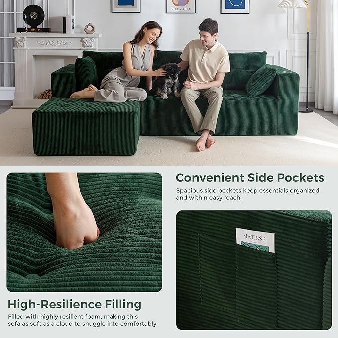 MAXYOYO Modular Sectional Sofa Couch, L Shaped Modern Cloud Couch with Ottoman, Sofa in A Box, Tufted 4-Seat Boneless Sleeper Chair for Living Room, No Assembly Required, Green