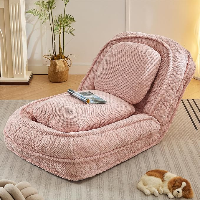 KEIKI Foldable Tatami Lazy Sofa Couch Bed with 5 Adjustable Position, Space Saving Design Human Dog Bed with Cushion Back, Easy Assembly, for Apartment, Living Room, Bedroom, Pink