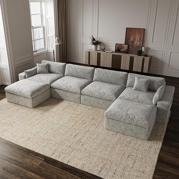160'' Oversized Boneless Sectional Couches for Living Room, Deepseat Boneless Cloud Modular Sectional Sofa with Ottoman, No Assembly Required L-Shape Cloud Sofa, Plush Fabric, Light Gray