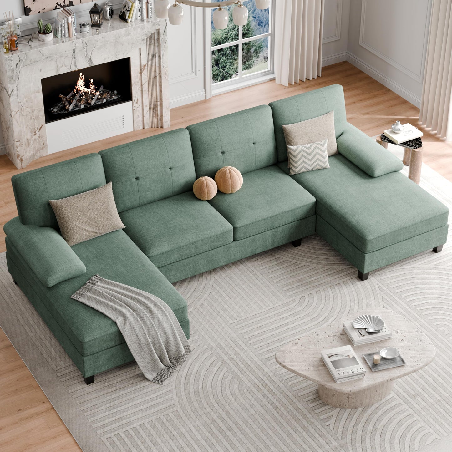 Shintenchi U-Shaped Sectional Couches for Living Room, 4 Seat Sofa with Double Chaise Lounges,Solid Wood Frame Sectional Sofa for Apartment,Green