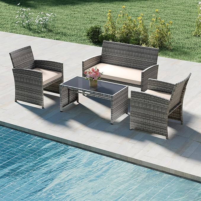 Tangkula 4 Piece Patio Wicker Furniture Set, Outdoor Heavy Duty Rattan Cushioned Chairs, Loveseat and Tempered Glass Coffee Table, for Backyard, Balcony, Poolside