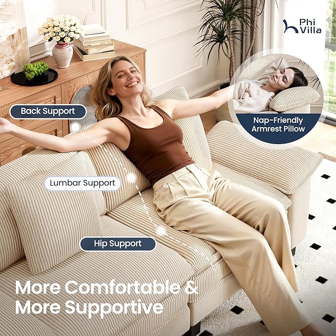 PHI VILLA Cloud Modular Couches Sets, 3 Pieces Large Sectional Sofa Set with Loveseats, 7-Seater Upholstered Couch for Living Room, Chenille Corduroy Dual Fabric, Beige