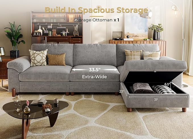 SITJOY 118" Oversized Sectional Couches for Living Room, Extra Large Deep Seat Modular Sofa with Washable Covers, 3 Seater L Shaped Couch with Chaise, Storage Ottoman, Chenille in Light Gray
