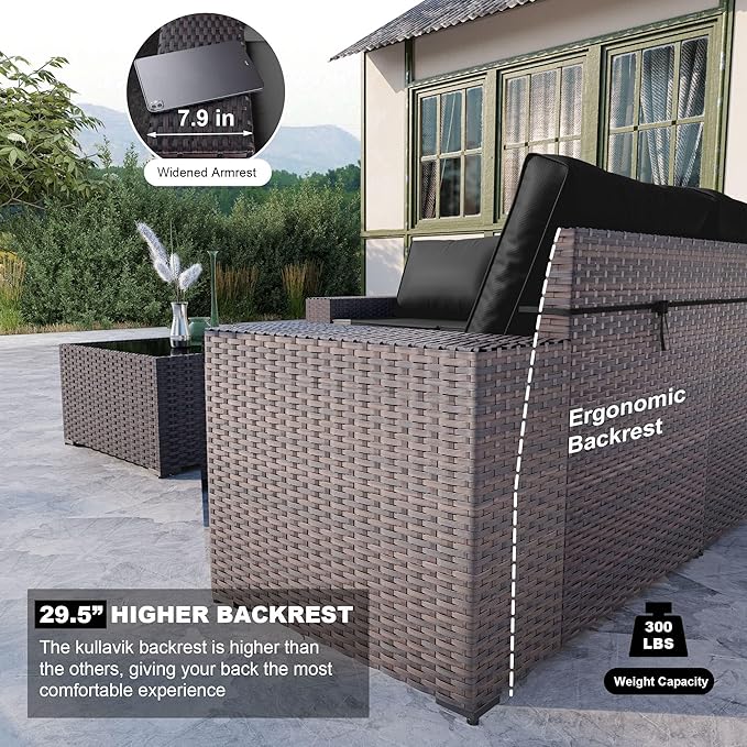 Kullavik 13 Pieces Outdoor Patio Furniture Set with 43" 55000BTU Gas Propane Fire Pit Table PE Wicker Rattan Sectional Sofa Patio Conversation Sets,Black