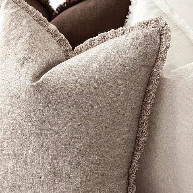 Foindtower Set of 2 Decorative Linen Fringe Throw Pillow Covers Farmhouse Cushion Cover with Tassels Soft Accent Pillowcase for Couch Chair Sofa Bed Living Room Home Decor,18×18 Inch,Natural Linen