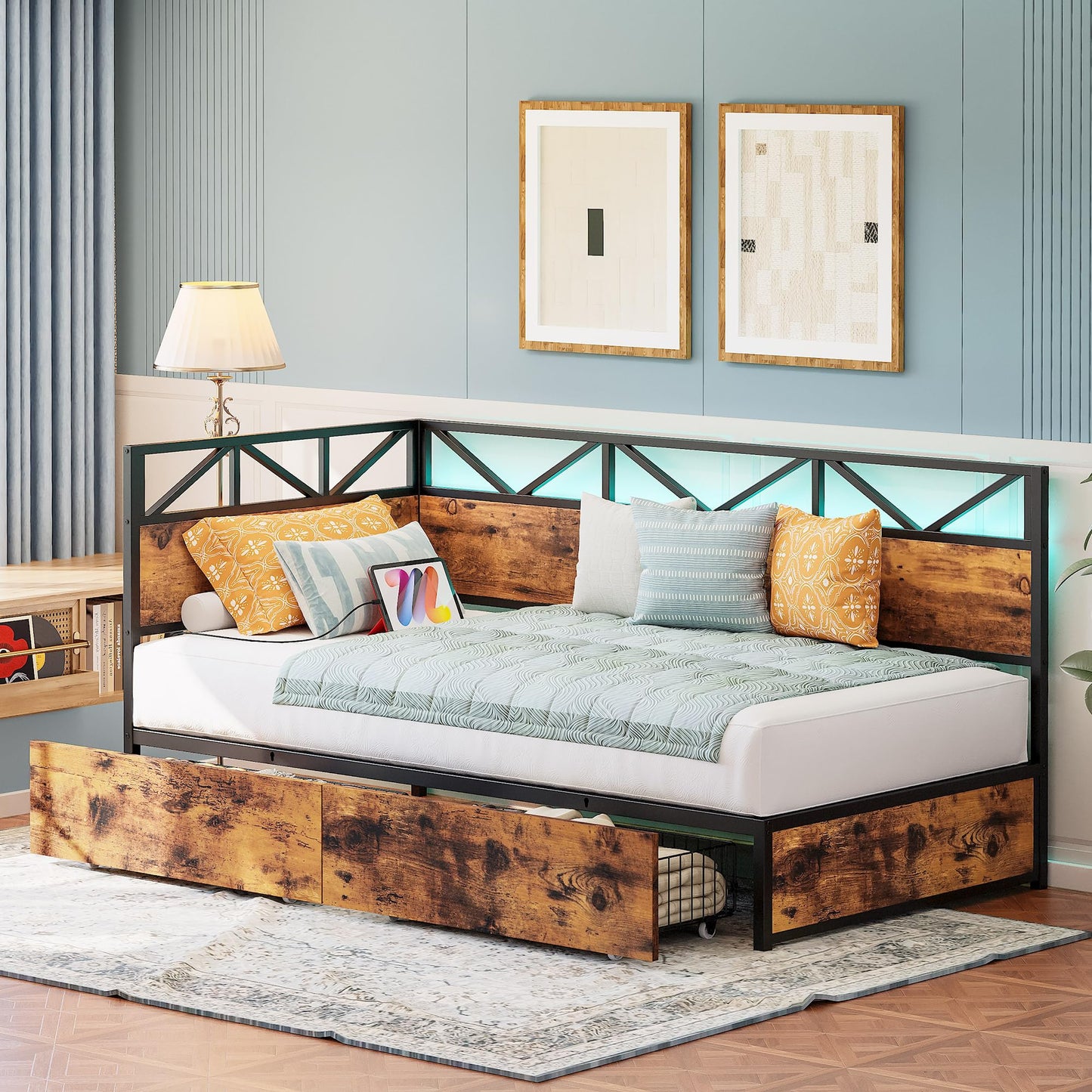 LIKIMIO Twin Daybed with Storage Drawers and Charging Station, Corner Bed Frames with Headboard and LED Lights, Industrial Brown