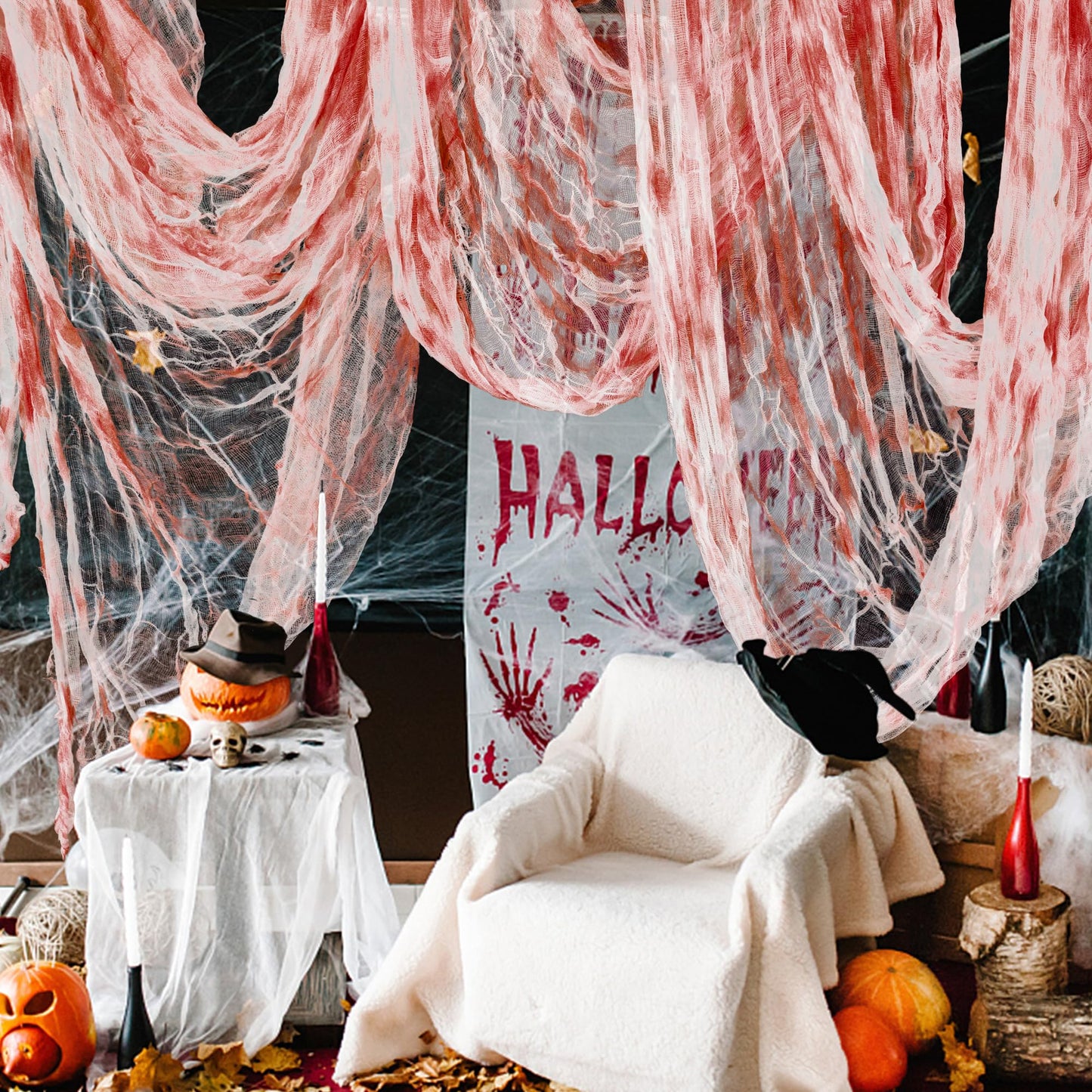 197" x 85" Halloween Creepy Cloth - Halloween Spooky Fabric Cloth - Scary Gauze Blood Creepy Cloth for Haunted House Halloween Party Yard Wall Doorway Outdoors Decoration