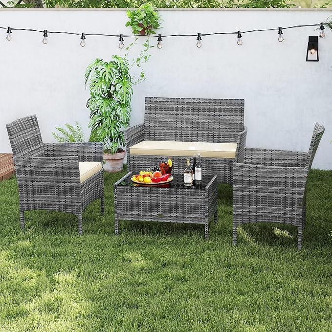 RELAX4LIFE 4-Piece Patio Furniture Set - Rattan Outdoor Conversation Bistro Set w/Cushions, Glass Coffee Table, Wicker Chairs & Loveseat for Garden Backyard Porch Balcony (1, Mix Grey-Beige)