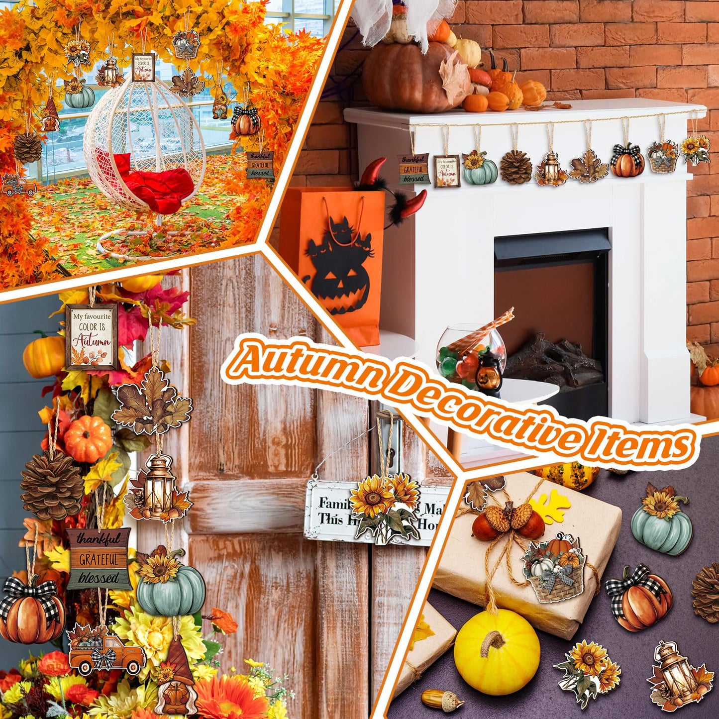 FairySandy 36 Pcs Fall Ornaments for Tree Fall Thanksgiving Tree Decorations Gnomes Wooden Hanging Ornaments Pumpkins Leaves Flowers Cutouts Autumn Decorations for Holiday Party Supply(Classic Style)