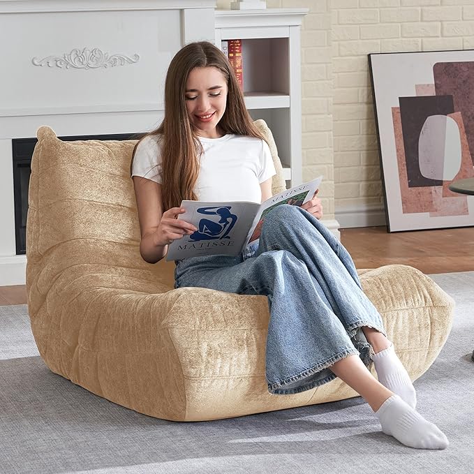 HABUTWAY Bean Bag Chair, Giant Bean Bag Chairs for Adults, Bean Bag Sofa with Filler Faux Fur, Memory Foam Bean Bag Couches Fireside Lazy Sofa for Living Room, Bedroom, Office (Khaki)