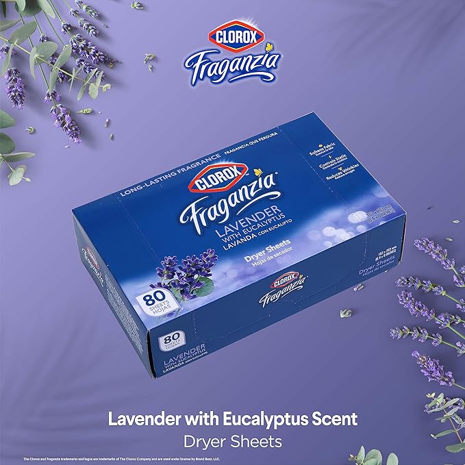 Clorox Fraganzia Fabric Softener Dryer Sheets, Lavender Scent - Wrinkle Reducing Scented Softening Laundry Dryer Sheets for Great Smelling Clothes, 80 Count