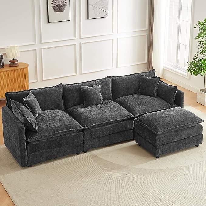 saows Modular Sectional Sofa 112.2 Inch L Shaped Couch Set with Armrests, 3-Seater Comfortable Cloud Couches with Movable Ottoman for Living Room Apartment, Grey