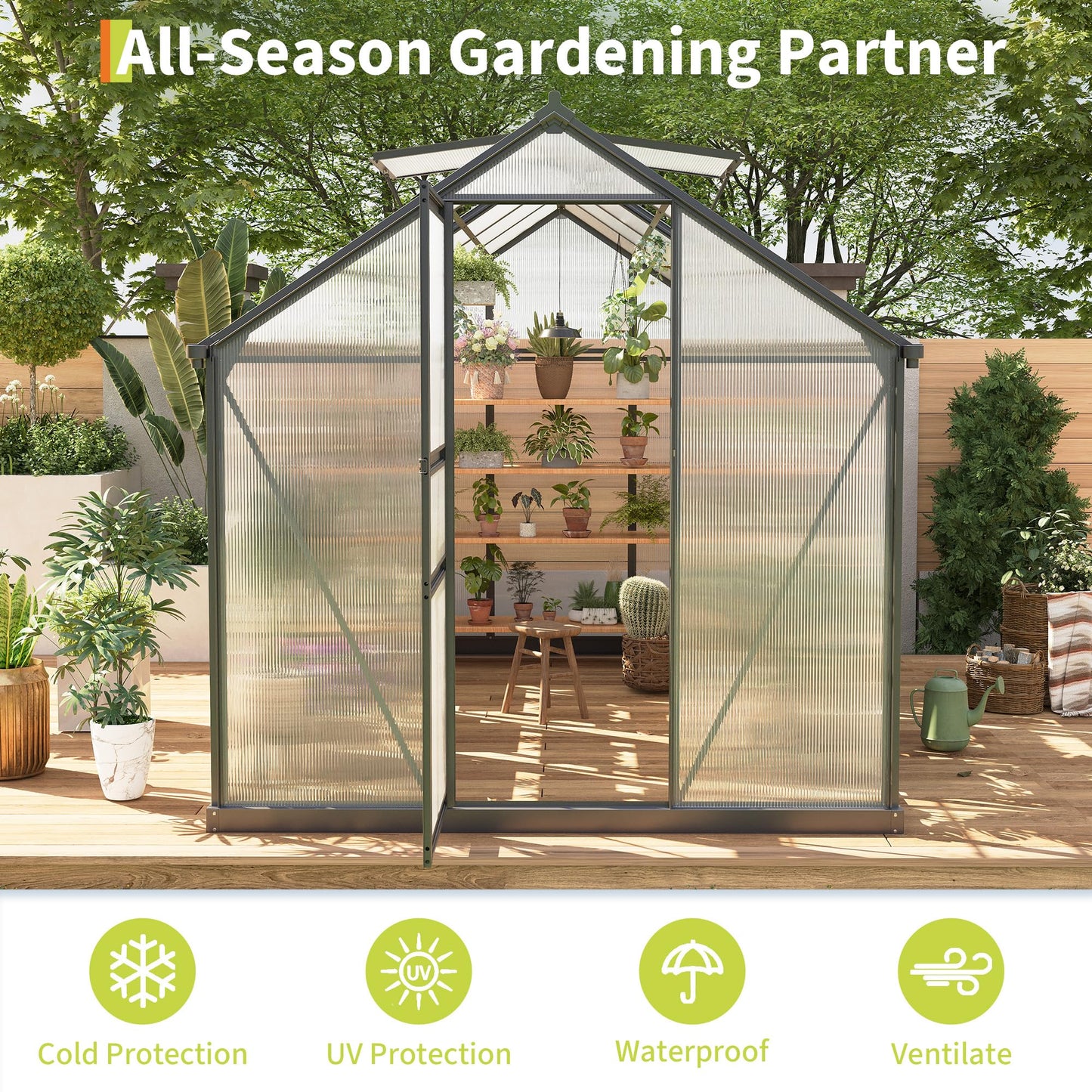 Garvee 6x10 FT Outdoor Greenhouse - Quick Setup Structure, Polycarbonate with Lockable Door, 2 Roof Vents, Aluminum Walk-in Heavy Duty, Perfect for Garden Backyard