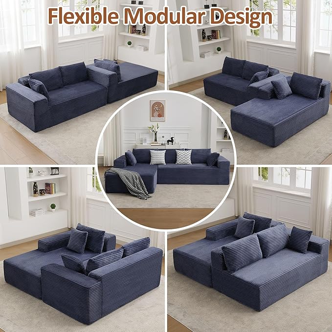 WUTUTUEE 110" Boneless Sectional Couch with Chaise Lounge, Cloud Couch Compressed Sofa L Shape, No Assembly Memory Foam Sofa for Living Room, Blue Corduroy
