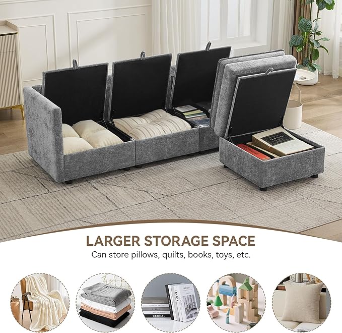 80" Cloud 3 Seater Sectional Modular Couch with Storage Ottoman, Upholstered Storage Sofa Deep Seat, Chenille L Shape Sofa Comfy Couches with Armrests for Living Room, Small Space, Light Grey