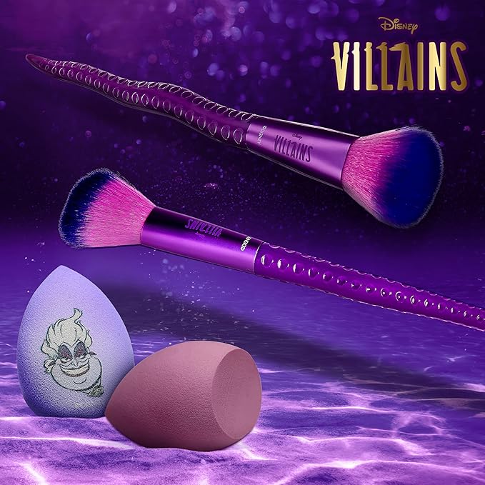 Disney Ursula 7PC Premium Makeup Brush & Blender Set, All-over, Highlighter, Concealer, and Eyeshadow Brush, 2 Beauty Blender Sponges for women and girls by Belle Maison