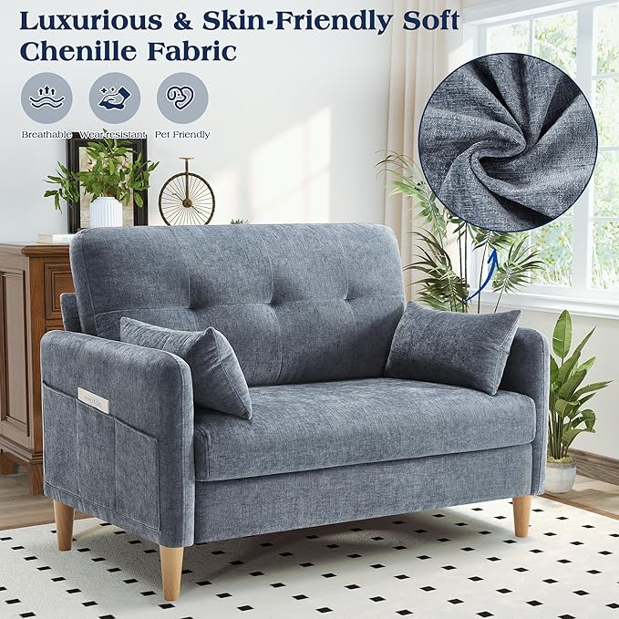 Hanherry Loveseat Sofa, 47” Small Couch for Living Room, Comfy Chenille Fabric Love Seat for Bedroom with Throw Pillow,Removable Cushion Cover,Couches for Small Space,Apartment,Dorm