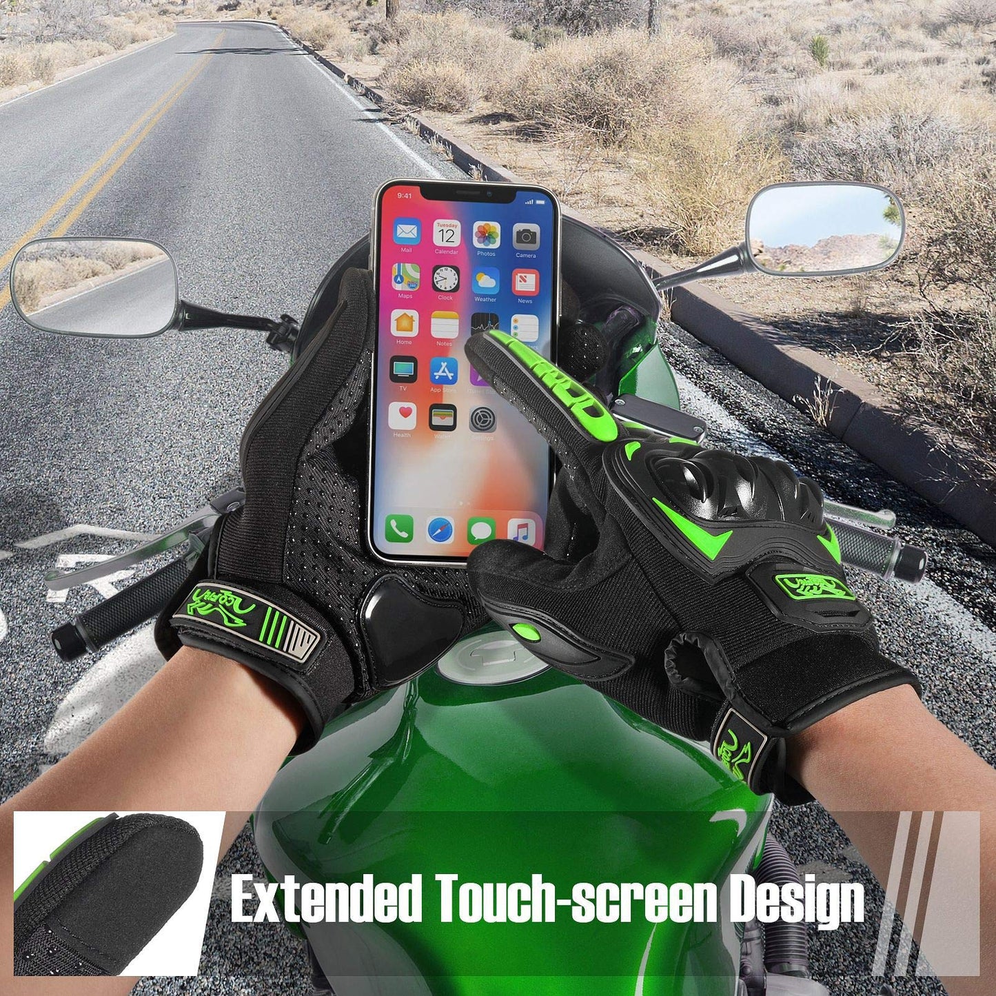 COFIT Motorcycle Gloves Breathable, Touchscreen Motorbike Gloves Anti-Slip with Good Grip Hard Knuckles Protection for Men Women Motocross, BMX ATV MTB Cycling, Road Racing - Green L