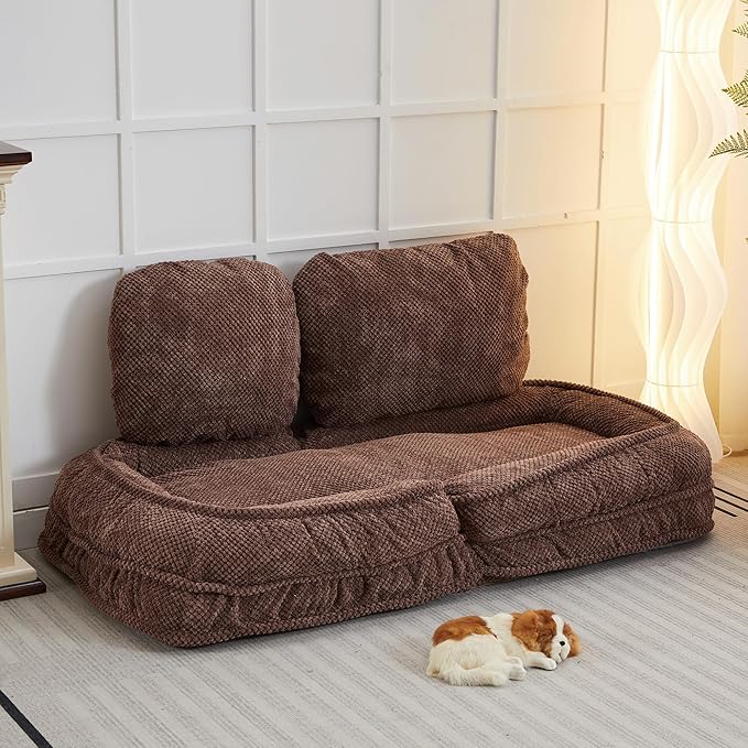 KEIKI Foldable Tatami Lazy Sofa Couch Bed with 5 Adjustable Position, Minimalist Space Saving Design Human Dog Bed with Cushion Back, Easy Assembly, for Apartment, Living Room, Bedroom, Brown
