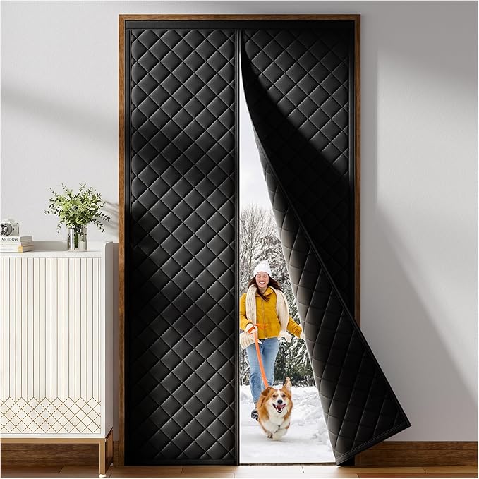Magnetic Thermal Insulated Door Curtain Fit Door Size 32" x 80", Quilted Oxford Fabric Thicken Cotton Fill, Winter Door Cover Keep Cold Draft Out, Blanket Insulation for Front Patio Doors Black