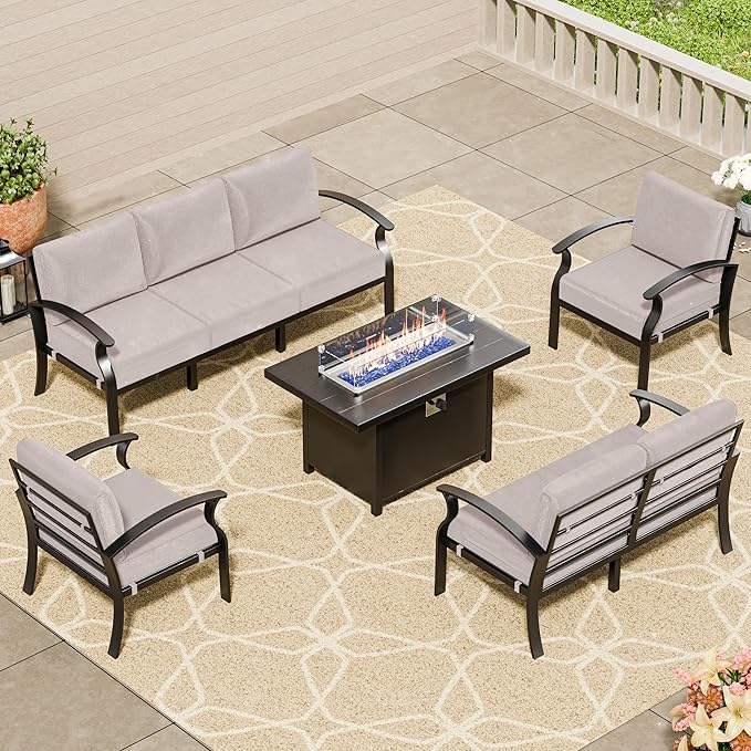 RTDTD Aluminum Outdoor Patio Furniture Set,5 Pieces 7 Seats Patio Conversation Sets with 45" Propane Fire Pit Table,Metal Patio Sectional Furniture Set w/5.1" Cushions for Porch,Deck,Backyard,Sand