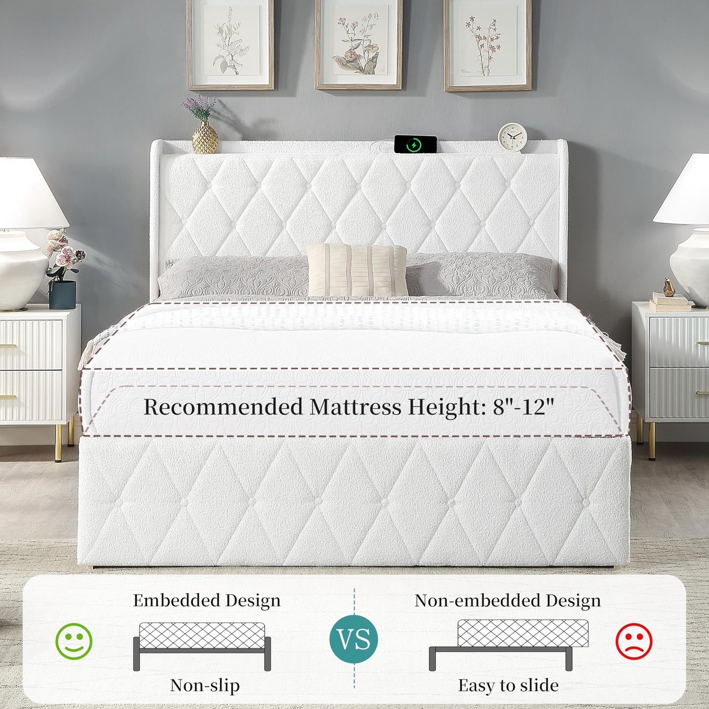 DynJest Queen Size Bed Frame with 6 Storage Cabinet and LED Lights, Boucle Upholstered Button Tufted Headboard - Includes Charging Station, Noise-Free, No Box Spring Needed, (Modern Style) White