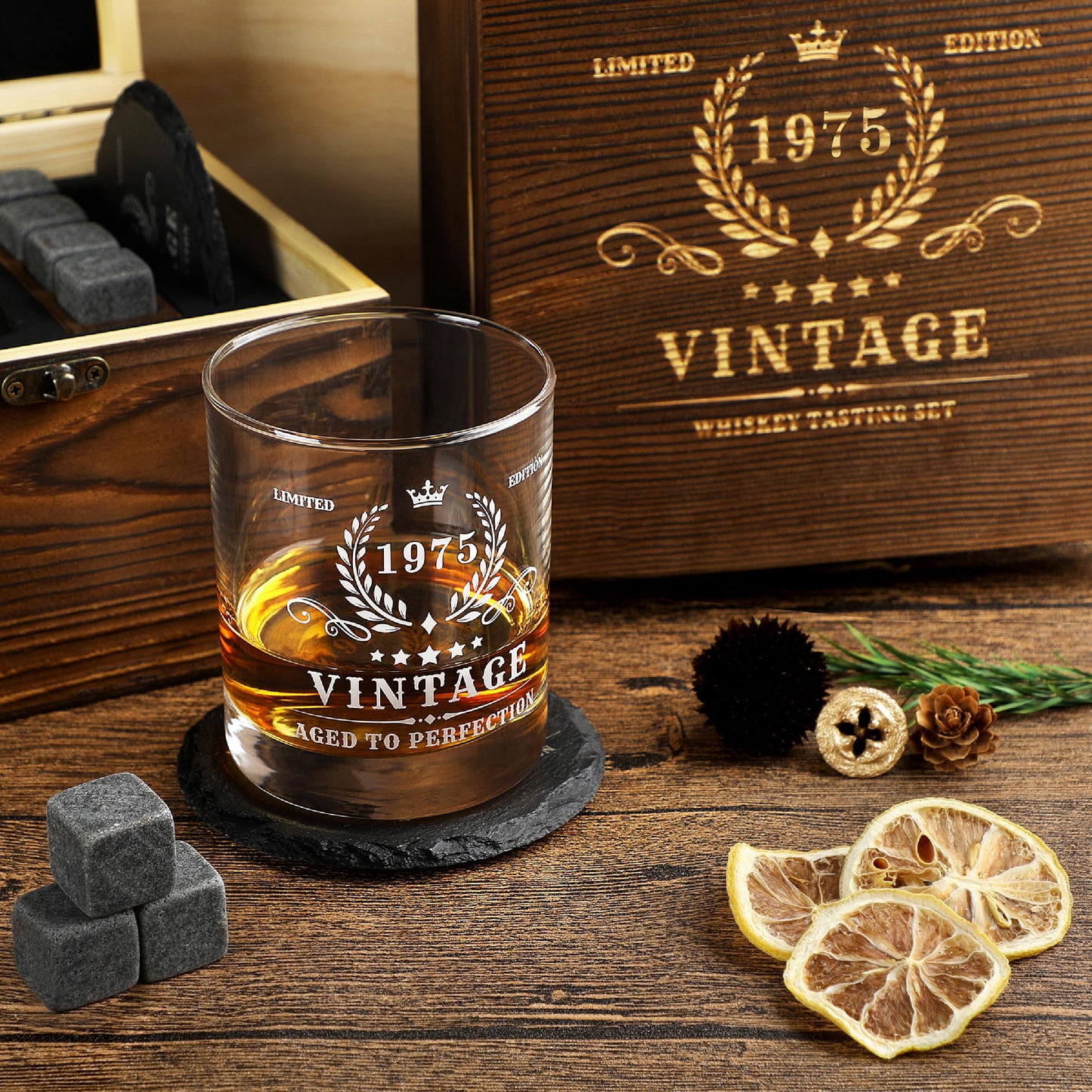 Pagather 50th Birthday Gifts for Men - Vintage 1975 Whiskey Glass Set, 50 Years Old Anniversary Ideas for Him, Dad, Husband, Include Wood Box, Recipe, Stones, Coaster, Stone Holder, Clamp