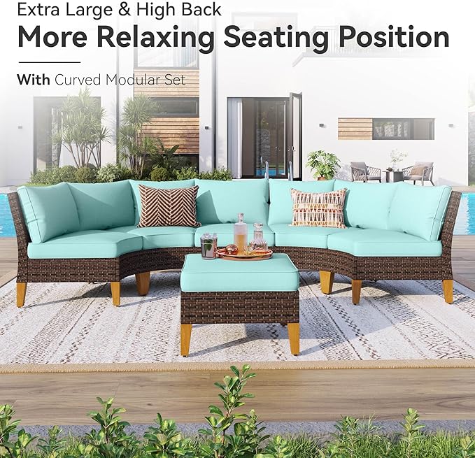 GREEN PARTY 11 Pieces Wicker Patio Furniture Set, All-Weather Outdoor Rattan Half-Moon Curved Patio Sectional Sofa Conversation Set 11 Seats with 4" Thick Cushions for Backyard, 2 x Ottomans (Blue)