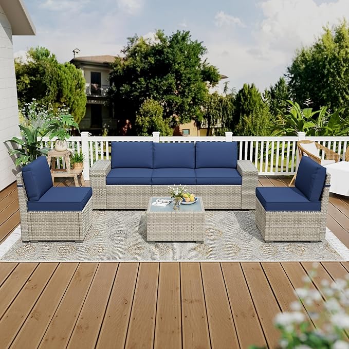 Broivira 6 Piece Patio Furniture Set, 9.8" Wide Arm Sectional Sofa with Storage Armrests, All-Weather Rattan Outdoor Conversation Set for Garden, Porch, Lawn, Backyard, Balcony, Blue