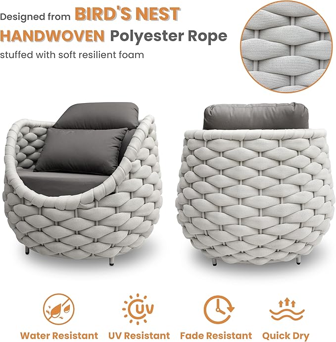 Erotr Front Porch Furniture Set 3 Piece: Aluminum Woven Rope Patio Conversation Sofa Set for 2 - Assembled Outdoor Deck Couch Armchair Set Cushions - for 400lb Balcony Pool Yard Bistro Hotel - Gray
